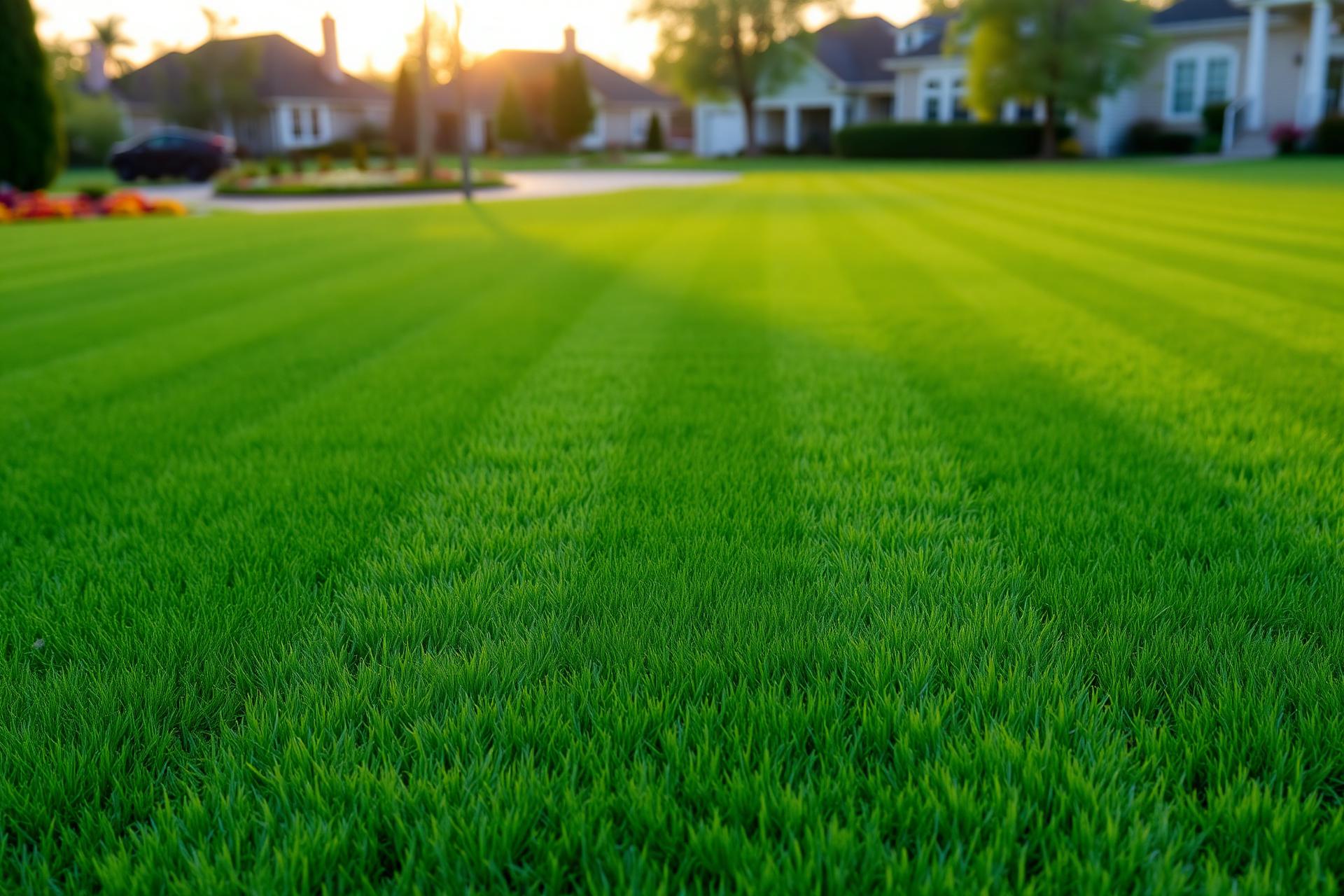 Freshly mowed striped green lawn at golden hour